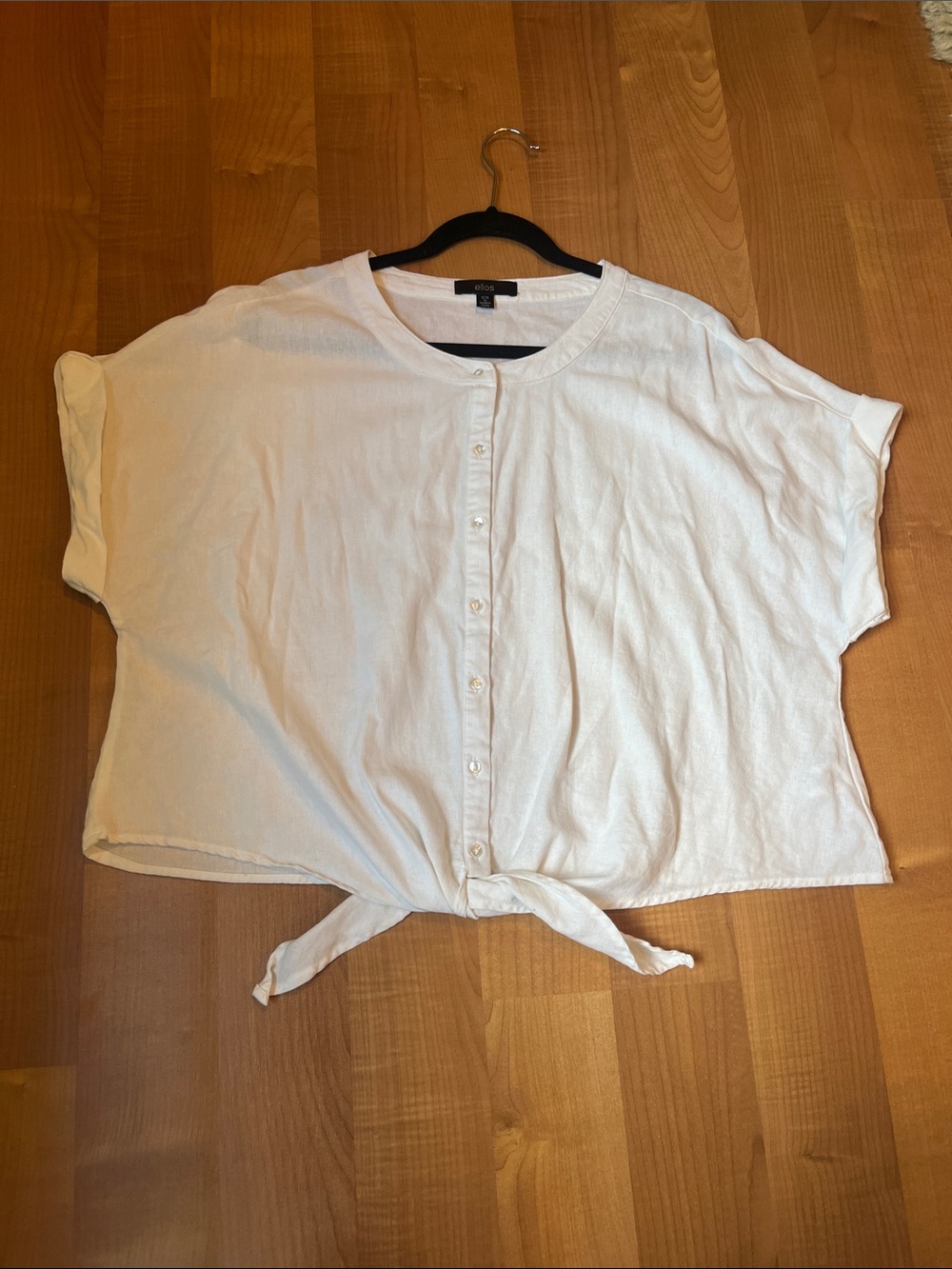 ellos Cream Button-Front Short Sleeve Tie-Hem Top